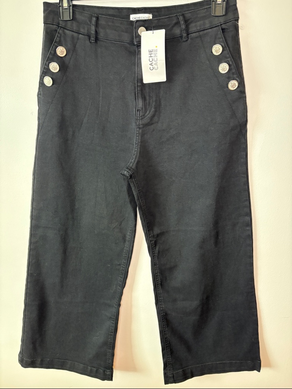 NWT Cache Woman’s EU 42 Denim Black Jeans High-Rise Decorative Buttons Wide Leg